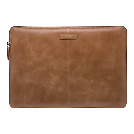 Eine braune Laptoptasche aus Leder mit Reißverschluss und Markenlogo.