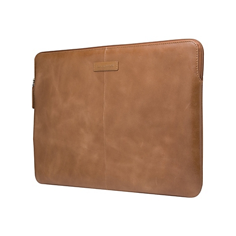Braune Leder-Laptoptasche, Reißverschluss an der Oberseite, Markenlogo.