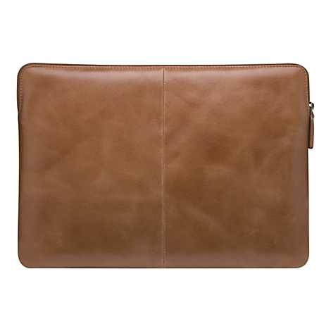Braune Laptoptasche aus Leder mit Reißverschluss.