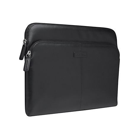 Schwarze Laptoptasche mit Reißverschluss, Logo und Tragegriff.