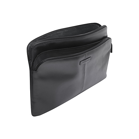 Schwarze Leder-Laptoptasche, teilweise geöffnet. Aufschrift am oberen Rand.