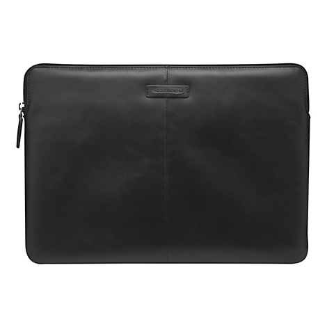 Schwarze Laptoptasche aus Leder mit Reißverschluss und Logoprägung.