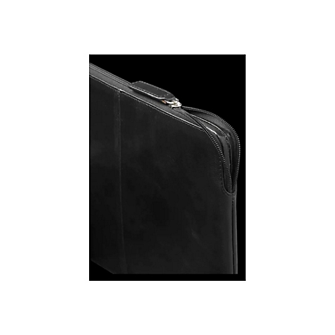 Detailansicht einer schwarzen Ledertasche mit Reißverschluss. Der Reißverschluss ist silberfarben.