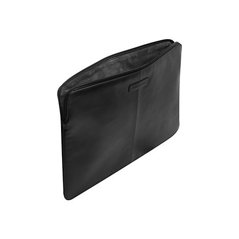 Schwarze, halb geöffnete Laptoptasche aus Leder; mit Reißverschluss.