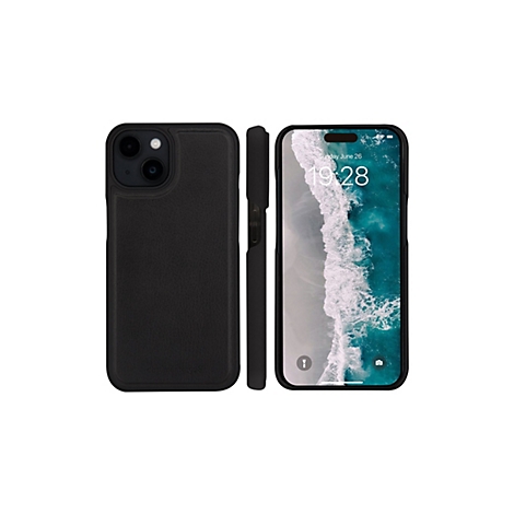 Ein schwarzes iPhone mit schwarzer Lederhülle, von drei Seiten fotografiert. Auf dem Display ist ein Meeresbild und die Uhrzeit 19:28 zu sehen.