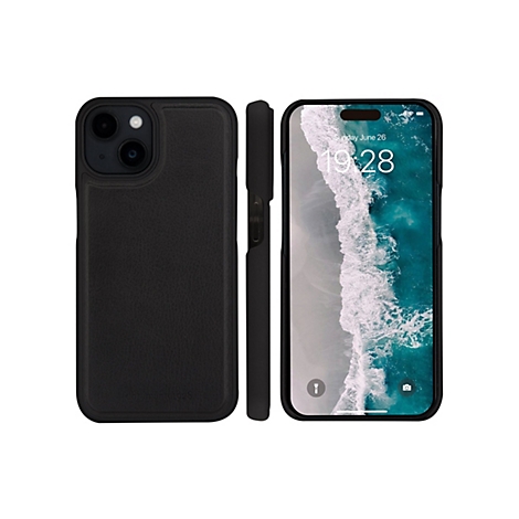 Schwarzes iPhone mit Lederhülle und eingeschaltetem Bildschirm. Datum: Sonntag, 26. Juni, 19:28.