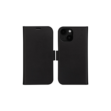 Schwarze Handyhülle aus Leder, offen und geschlossen, mit sichtbaren Kameraaussparungen.