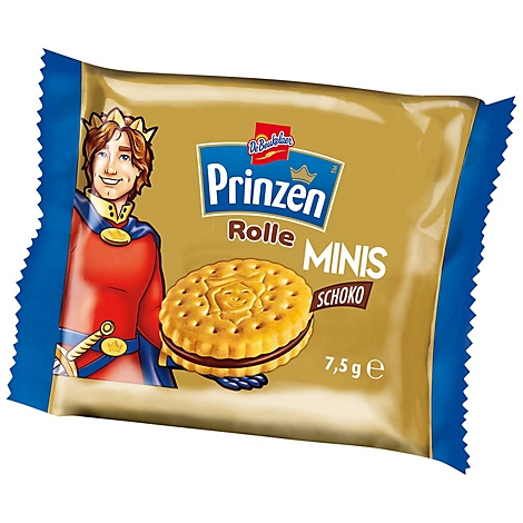 Goldene Verpackung der Prinzen Rolle Minis mit Prinzen-Figur und einem Schokoladenkeks.