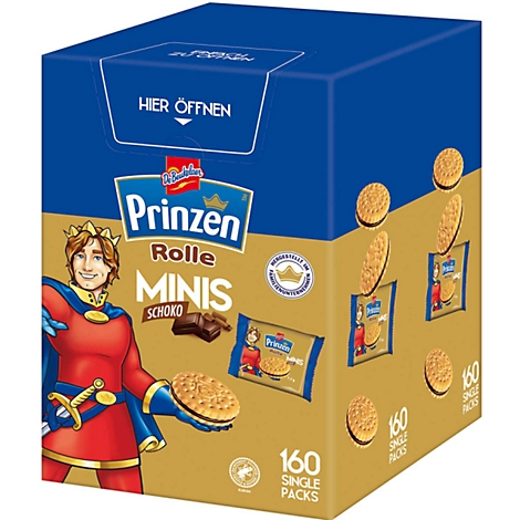 Große Vorratspackung Prinzen Rolle Minis mit 160 Einzelpackungen und Prinzen-Maskottchen auf der Vorderseite.