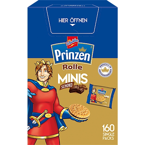 Packung Prinzen Rolle Minis Schoko mit illustriertem Prinzen und 160 Einzelpackungen.