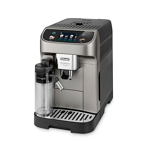 Kaffeemaschine in Silber und Schwarz, Wassertank links, Bedienfeld oben.