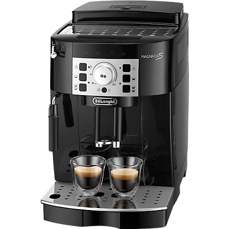 Schwarzer Kaffeevollautomat mit zwei Espresso-Gläsern.