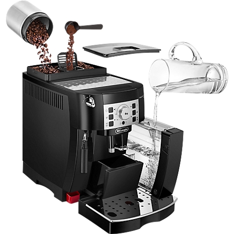 Schwarzer Kaffeevollautomat, Kaffeebohnen werden eingefüllt, Wasser wird eingefüllt.