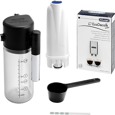 Ensemble d'accessoires De'Longhi comprenant pot à lait, filtre à eau, détartrant EcoDecalk, cuillère et bandelette.