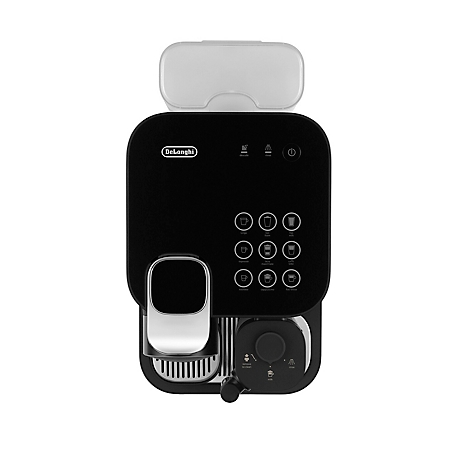 Vue de dessus d'une machine à café noire avec panneau de commande, réservoir d'eau et logo De'Longhi.