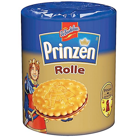 Blaue und goldene Verpackungsrolle der Prinzen Rolle Kekse mit einem abgebildeten Prinzen und einem Doppelkeks.