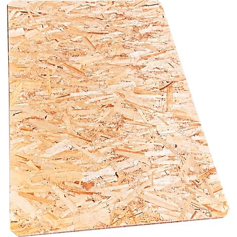 Großflächige OSB-Platte mit charakteristischer Struktur aus gepressten Holzspänen in hellbrauner Farbe.
