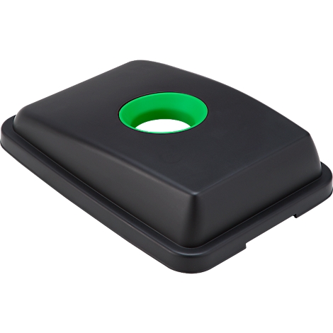 Schwarzer Deckel mit grünem Loch, vermutlich für einen Mülleimer. Rechteckige Form, abgerundete Ecken.