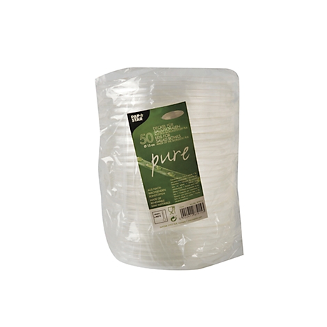 Transparente Einwegbecher, verpackt in Folie. Aufdruck: 50 Stück, 'pure'.