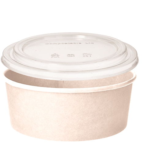 Becher mit transparentem Deckel, vor weißem Hintergrund. Auf dem Deckel steht "Compostable lid".