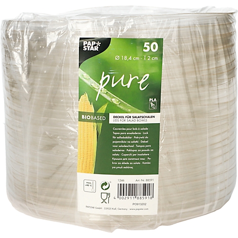 Eine Packung mit 50 Deckeln für Salatschalen, in Folie verpackt. Auf dem Etikett steht "pure BIOBASED".
