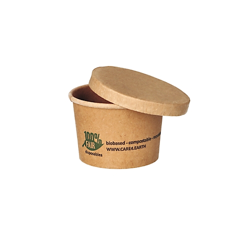 Becher mit Deckel aus braunem Papier. Aufschrift: 100% Fair, biobasiert, kompostierbar und www.care4earth.