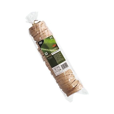 Aufgerollte Papierschnur in Folie verpackt, mit Etikett.