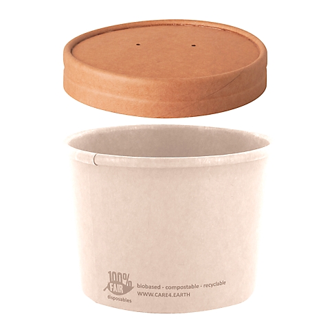 Becher und Deckel aus braunem Papier. Der Becher ist hell und hat einen Schriftzug.