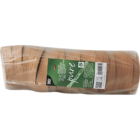 Eine Rolle mit braunen Pappbechern in Plastikfolie verpackt. Ein Etikett mit grünem Hintergrund zeigt Produktinformationen.