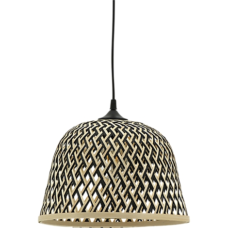 Hängelampe mit gewebtem Lampenschirm. Schwarz-Beige-Muster, schwarzes Kabel und Halterung.