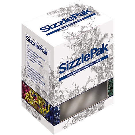 White box printed with 'SizzlePak'. Inscription 'The best gift wraps in the box' and 'Makes opening presents even more exciting'.