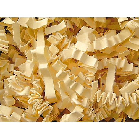 Close-up of light yellow, crinkled paper strips, used as packaging material.
