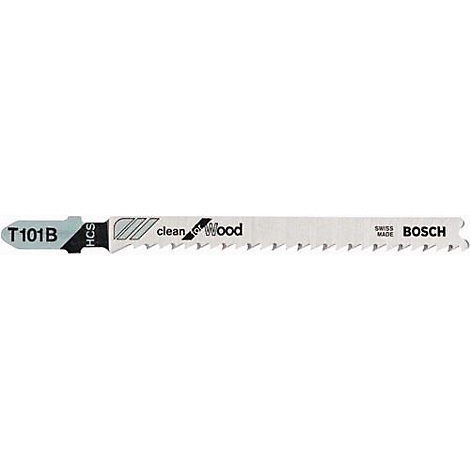 Een decoupeerzaagblad voor hout, T101B, met de woorden clean Wood en Bosch.