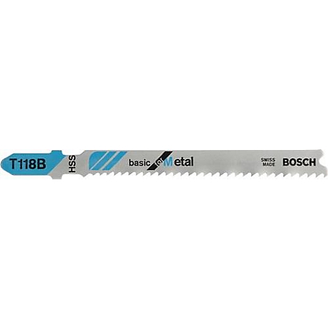 Zaagblad met tanden en de tekst T118B HSS basic metal BOSCH.