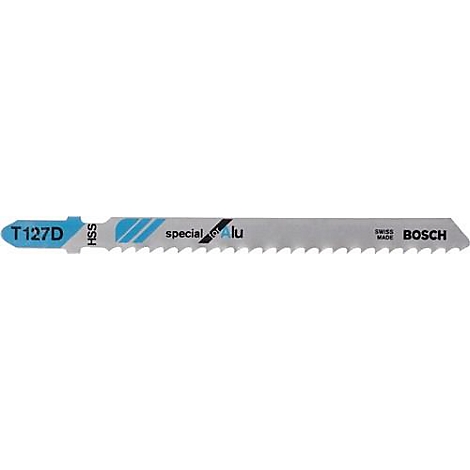 Zaagblad T127D, zilverkleurig met blauw element en opschrift.