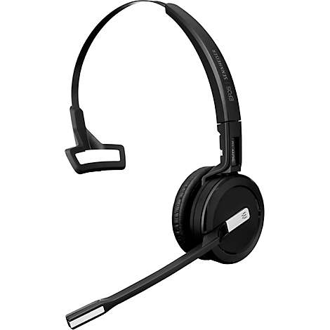 Black headset with microphone and headband, reads "EPOS Sennheiser".
