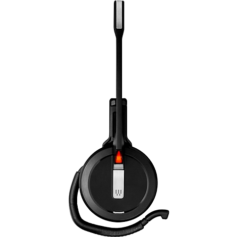 Black headset with microphone. Above the round housing, a microphone arm with a light extends.