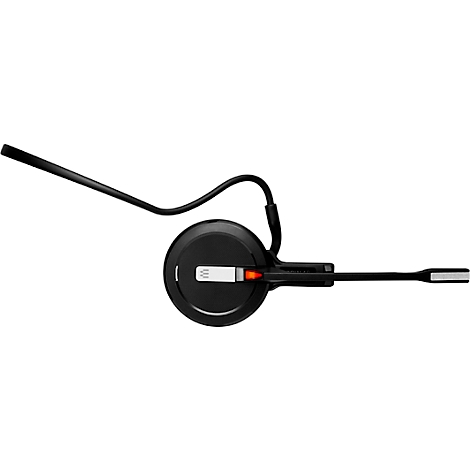 A black headset worn on one ear. A microphone is attached at the end of a boom.