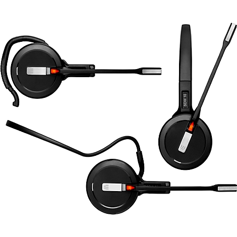 Three views of a black headset. Round housing, microphone arm, "SDW 10" lettering, red accents.