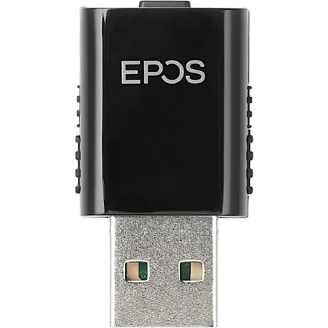 Black USB dongle with white EPOS logo, with USB connector.