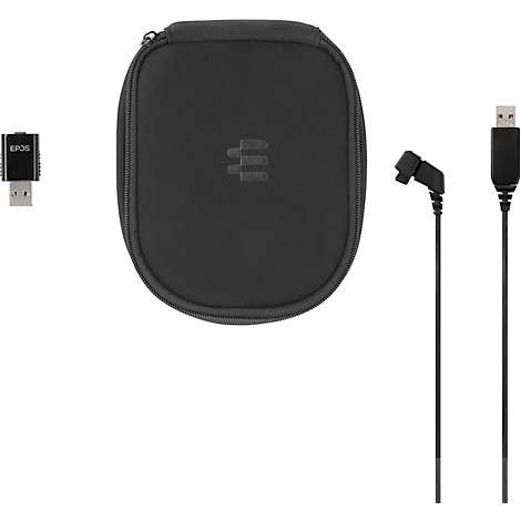 Black headset accessory kit with case, cables, and USB adapter. The case has a logo.
