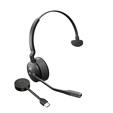 Black headset with microphone and USB-C connector. It rests on a white background.