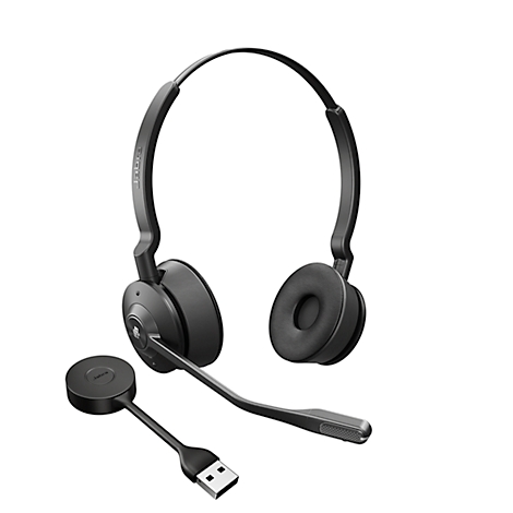 Black headset with microphone and USB connector. Round earcups, adjustable headband.