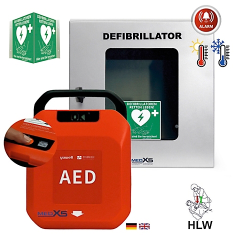 Roter AED-Defibrillator mit Gehäuse, Hinweis auf HLW, Temperaturanzeige, Alarm und mehrsprachigen Texten.