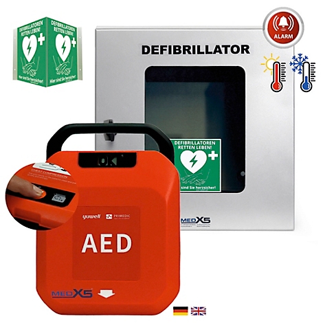 Roter AED-Defibrillator mit Gehäuse, Piktogramme und Hinweis. Das Gerät ist mit einem Gehäuse und einem Warnhinweis versehen.