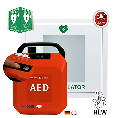 Roter AED-Defibrillator mit Griff und Aufschrift "AED". Daneben Piktogramme, darunter Herz-Symbol und "HLW".