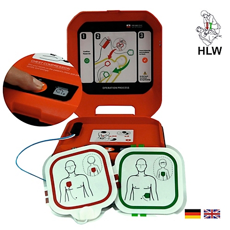Rotes AED-Gerät mit Elektroden und Bedienungsanleitung. Nebenbild zeigt die Taste. Flaggen von Deutschland und Großbritannien.