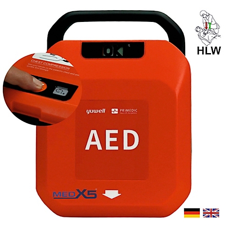 Roter AED mit Griff, Detailansicht mit Finger auf roter Taste. Neben der Bezeichnung AED und Logo der Firma.