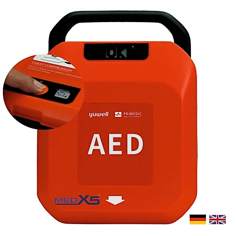 Roter AED-Defibrillator mit Griff, Beschriftung "AED" und einem Detailbild eines Knopfdrucks.