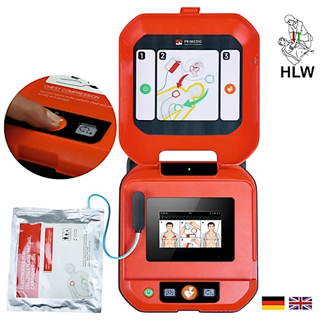 Rotes Defibrillator-Gerät mit geöffnetem Deckel, Anweisungen und Bildschirm. Mit Elektroden-Beutel.
